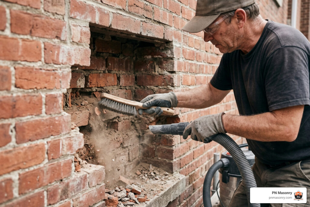 Cleaning a damaged brick cavity with a wire brush and vacuum
