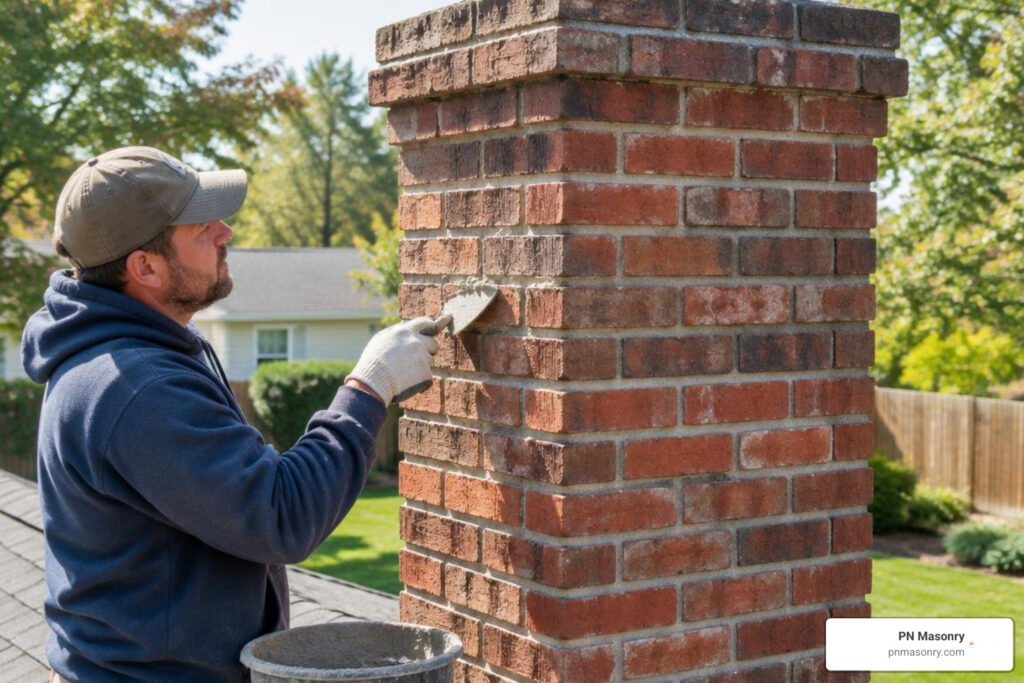 Historic brick chimney undergoing mortar repair