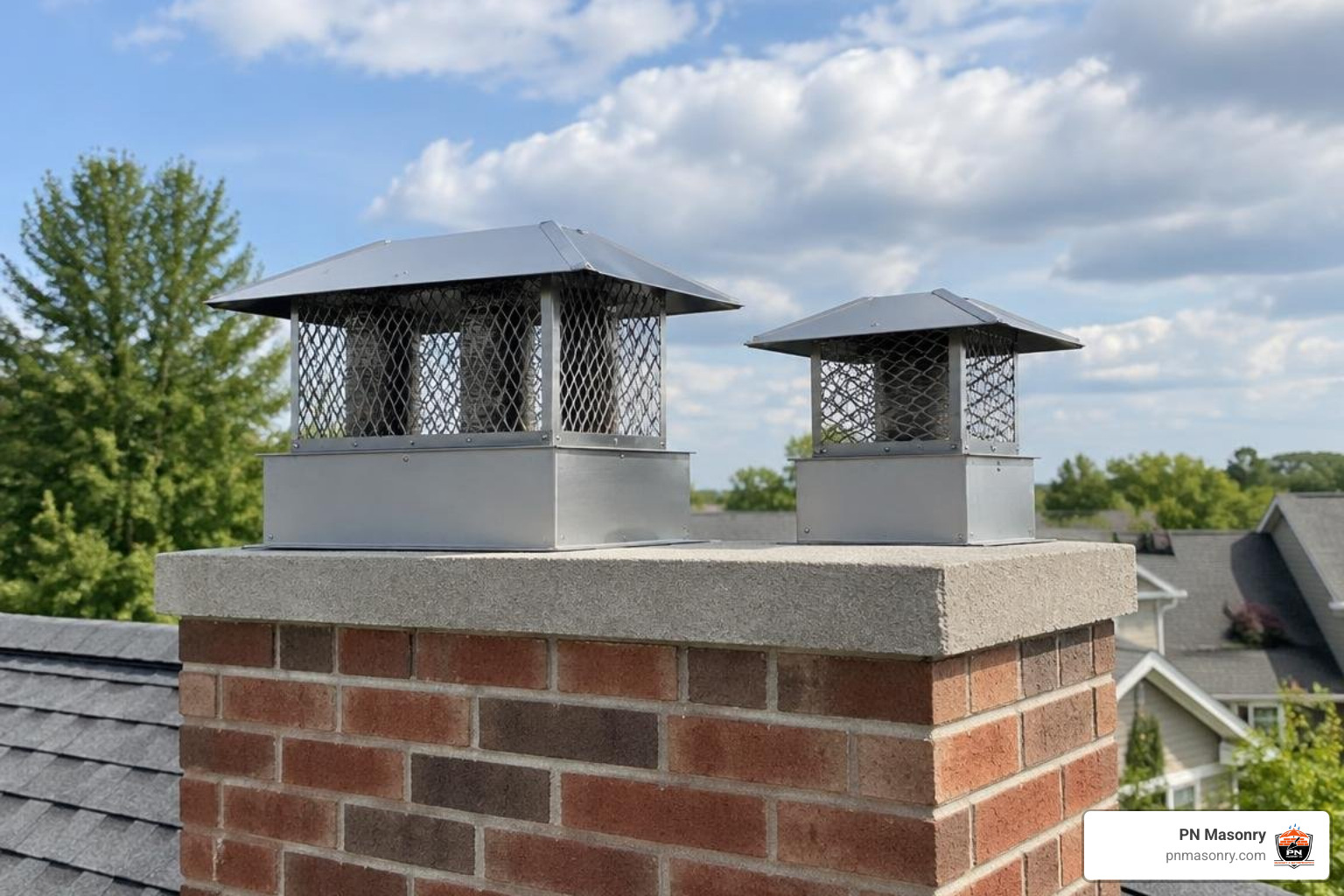 Multi-flue and single-flue chimney top installations protecting masonry crown